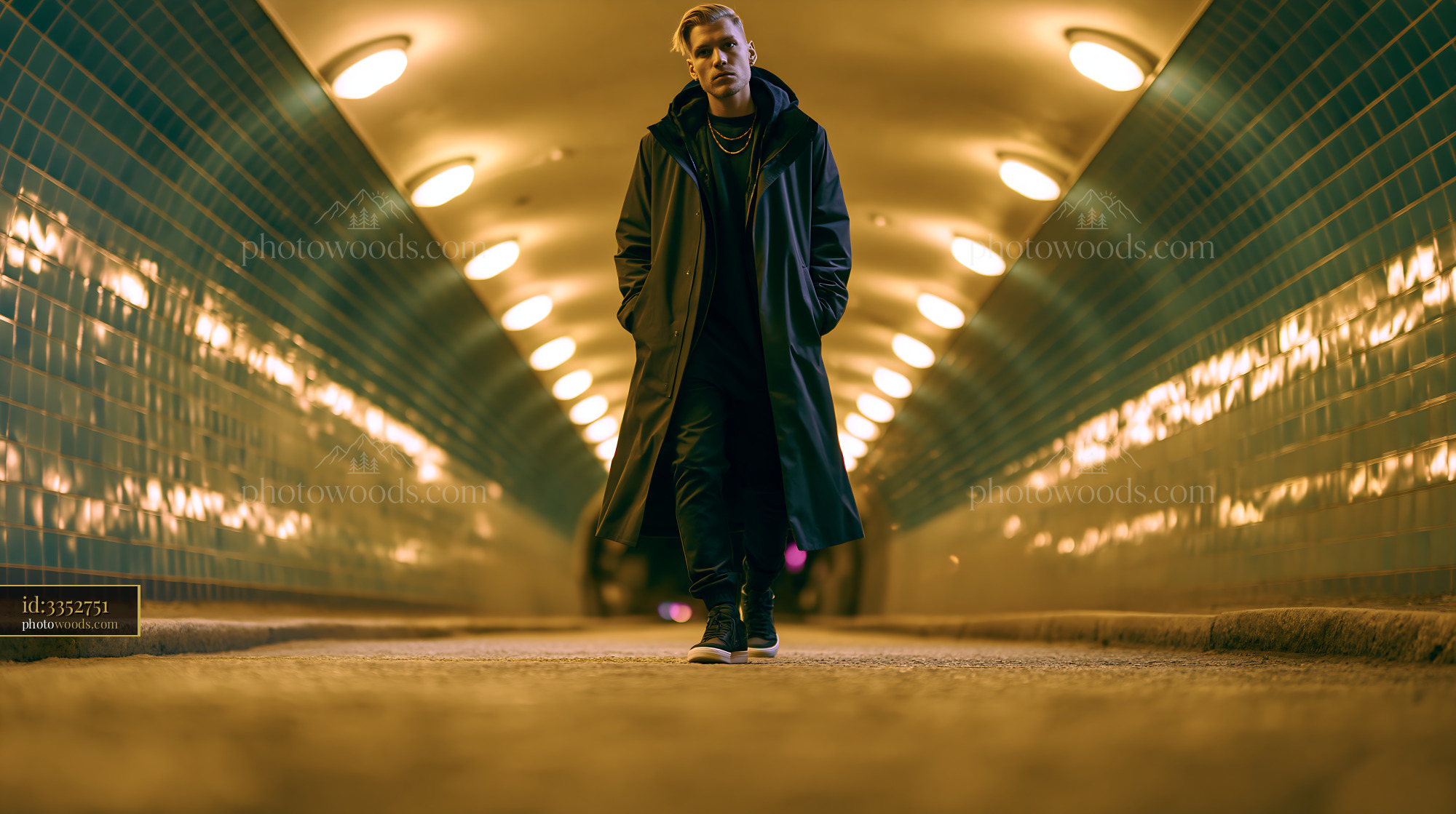Model Walking Through a Lit Tunnel in Urban Setting at Night