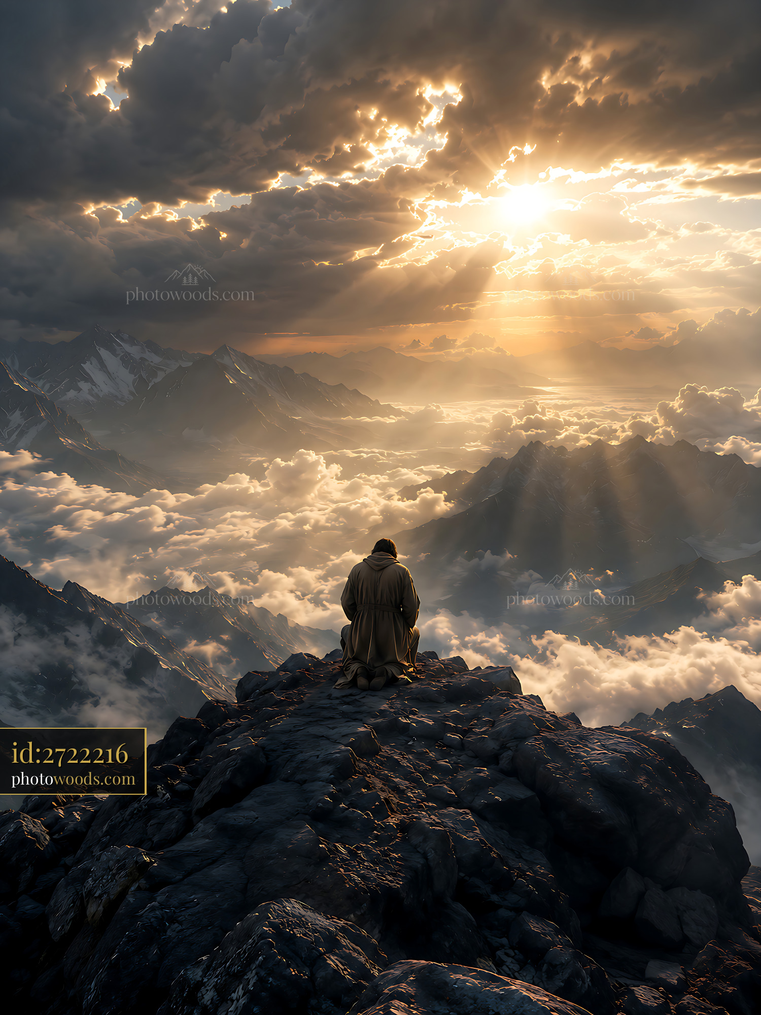 Person Sitting on Mountain Top Looking at Clouds and Sun Rays