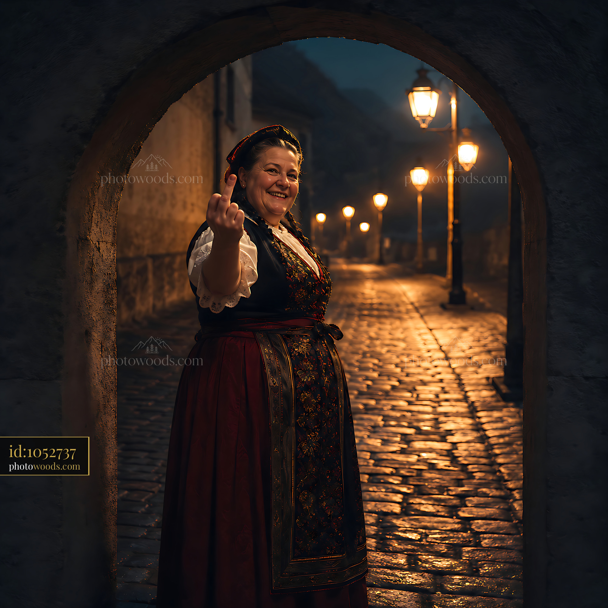 Woman in Traditional Dress Gestures While Standing in Archway