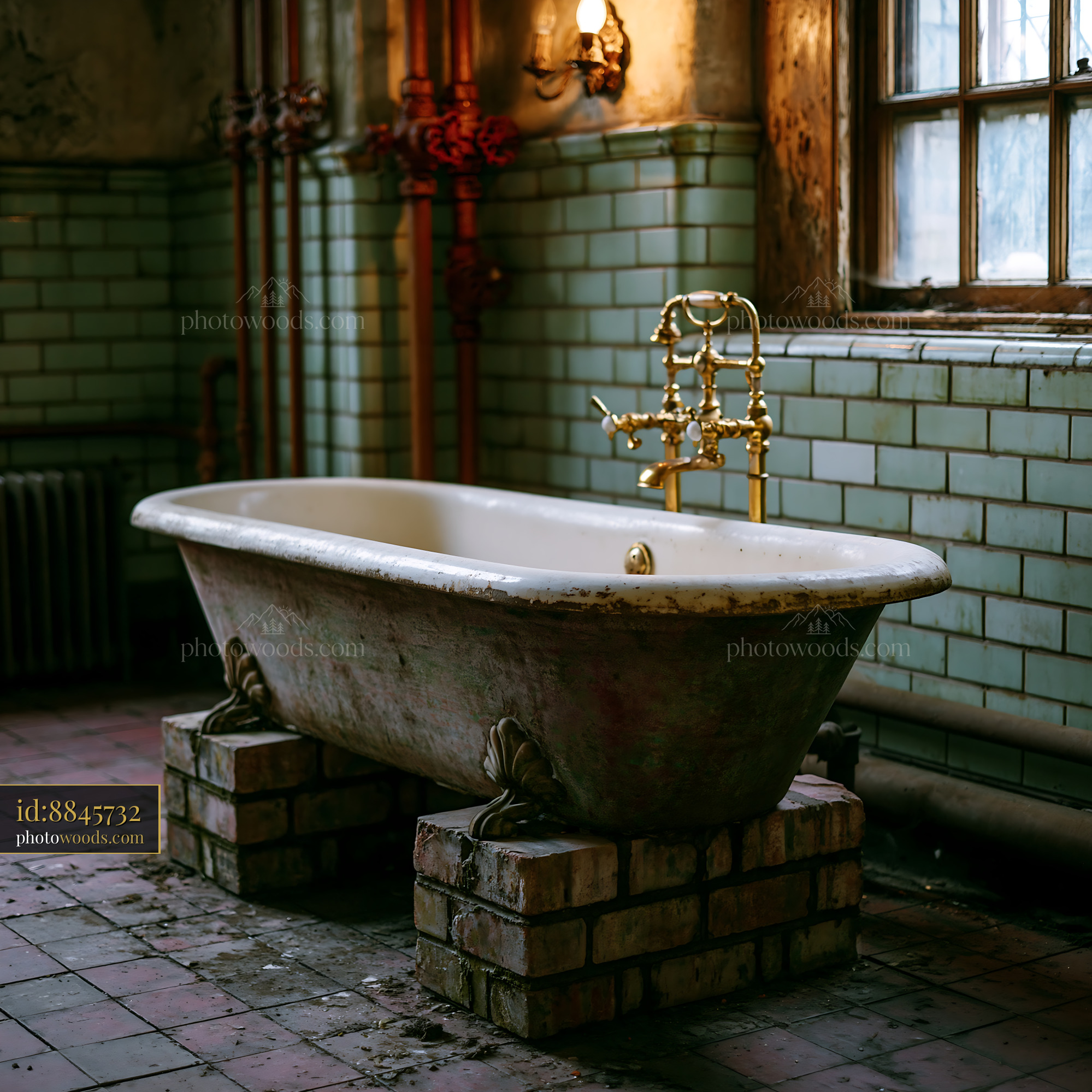 Grimy Communal Bathroom With Rusty Pipes and Old Tub