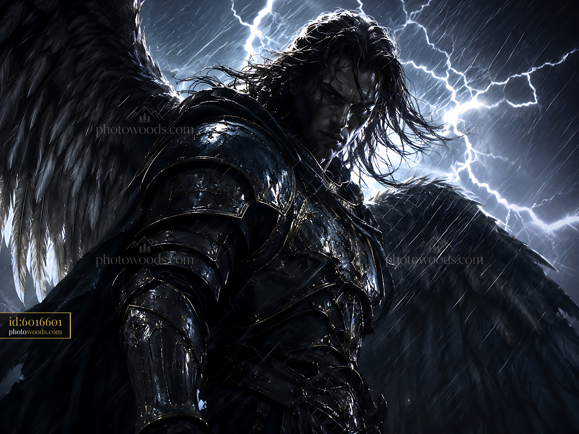 Warrior With Wings Stands Under a Stormy Sky Full of Lightning