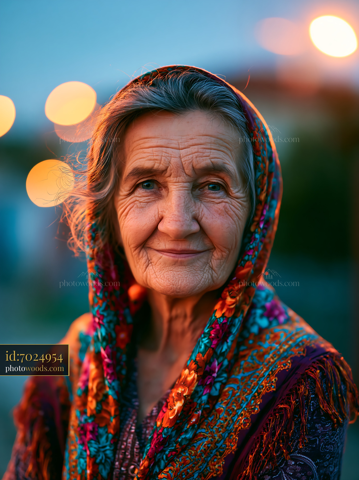 Elderly Woman Smiles Warmly in Soft Evening Light