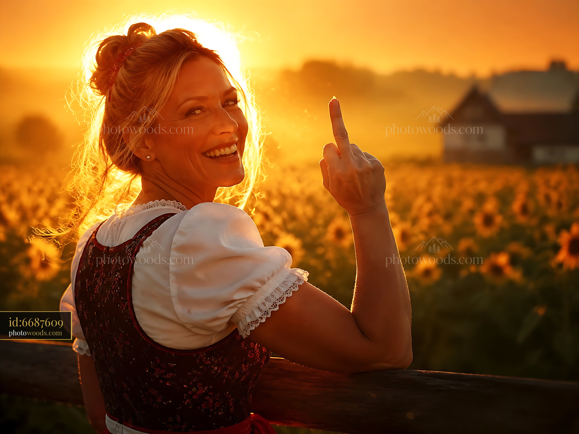 Woman Smiles and Gestures in Sunflower Field at Sunset