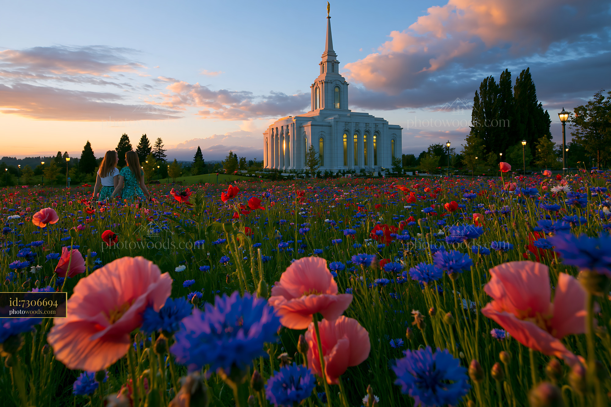 Church With Colorful Flowers at Sunset in a Garden