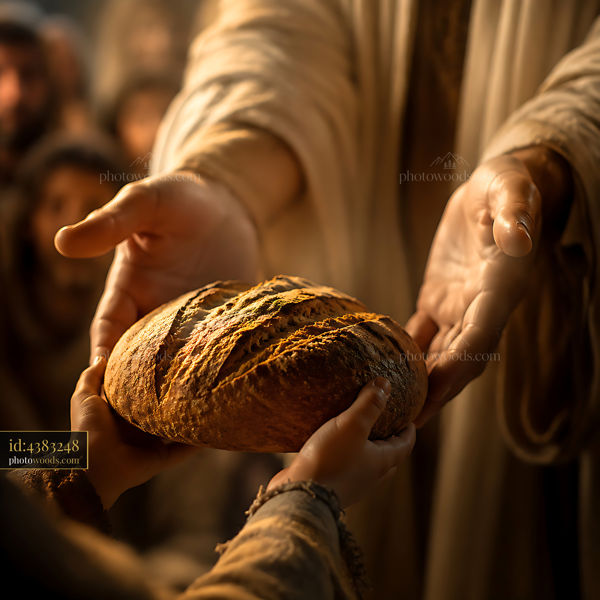 Hands Sharing Bread With a Child in a Group Setting