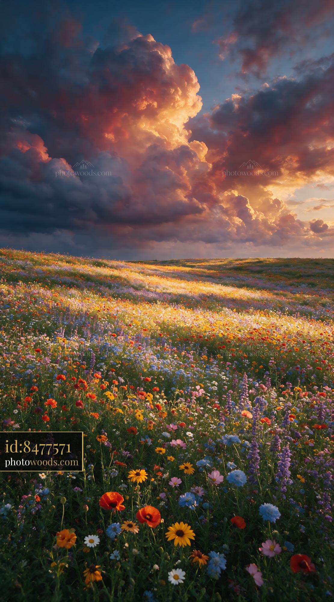 Wildflowers Blooming in a Meadow Under Evening Sky