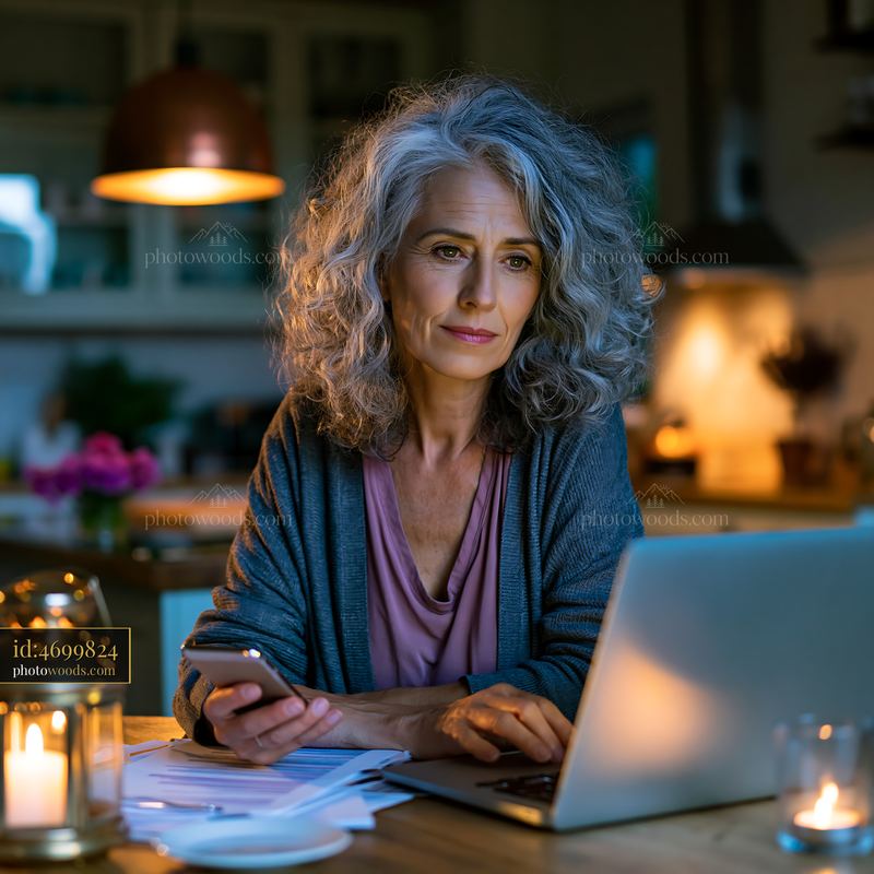 Widow Organizing Digital Estate Documents at Home in Evening Light