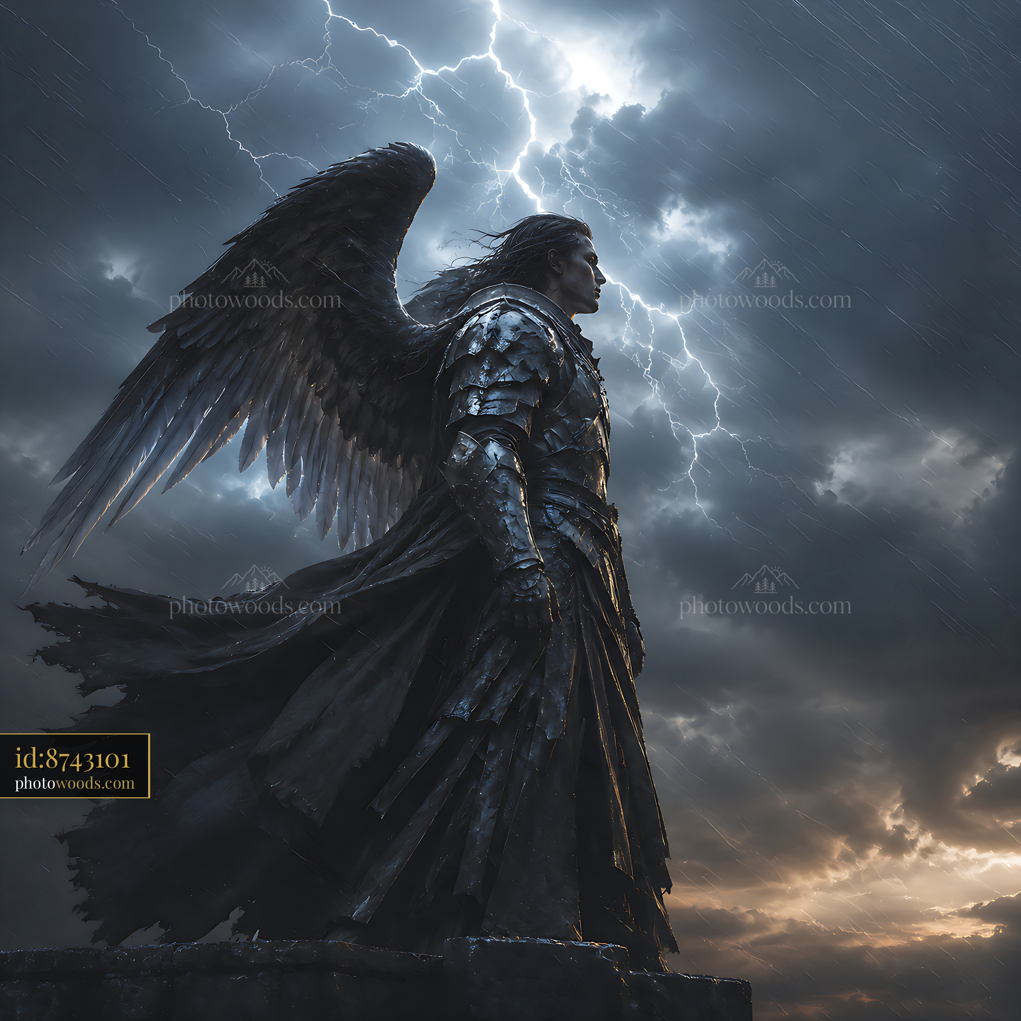 Angel Stands Tall Against Dark Stormy Sky With Lightning