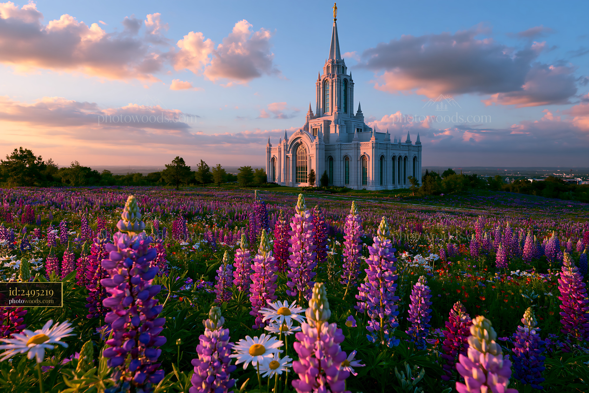Lupine Flowers in Bloom Near Temple at Sunset in Utah, USA