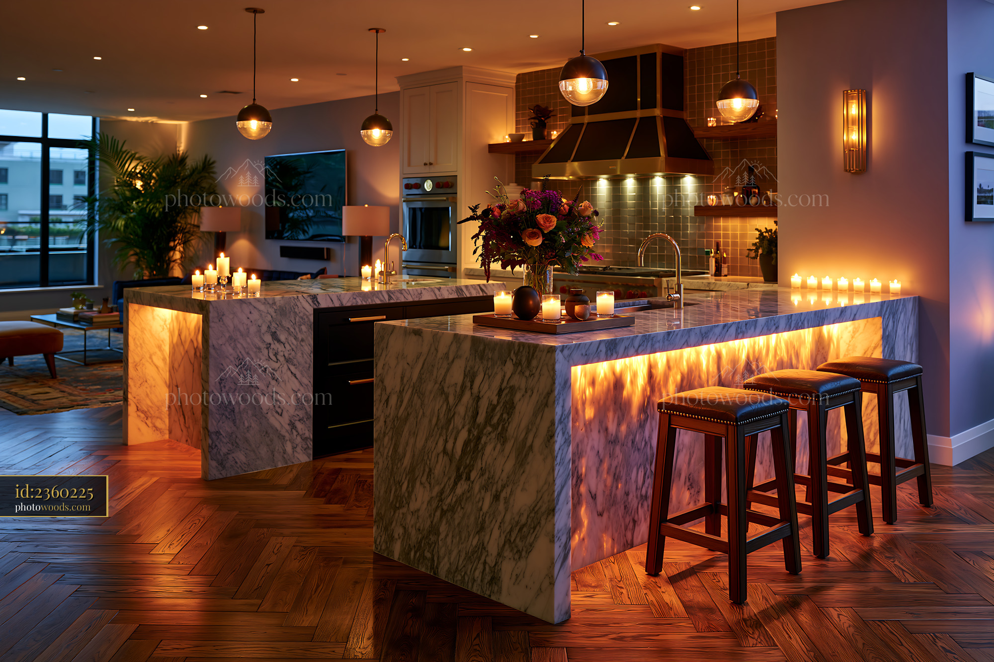 Modern Chef's Kitchen With Marble Countertops and Mood Lighting