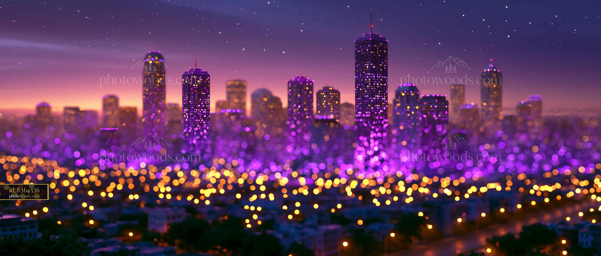 City Skyline Glows at Dusk With Colorful Lights Shining Bright
