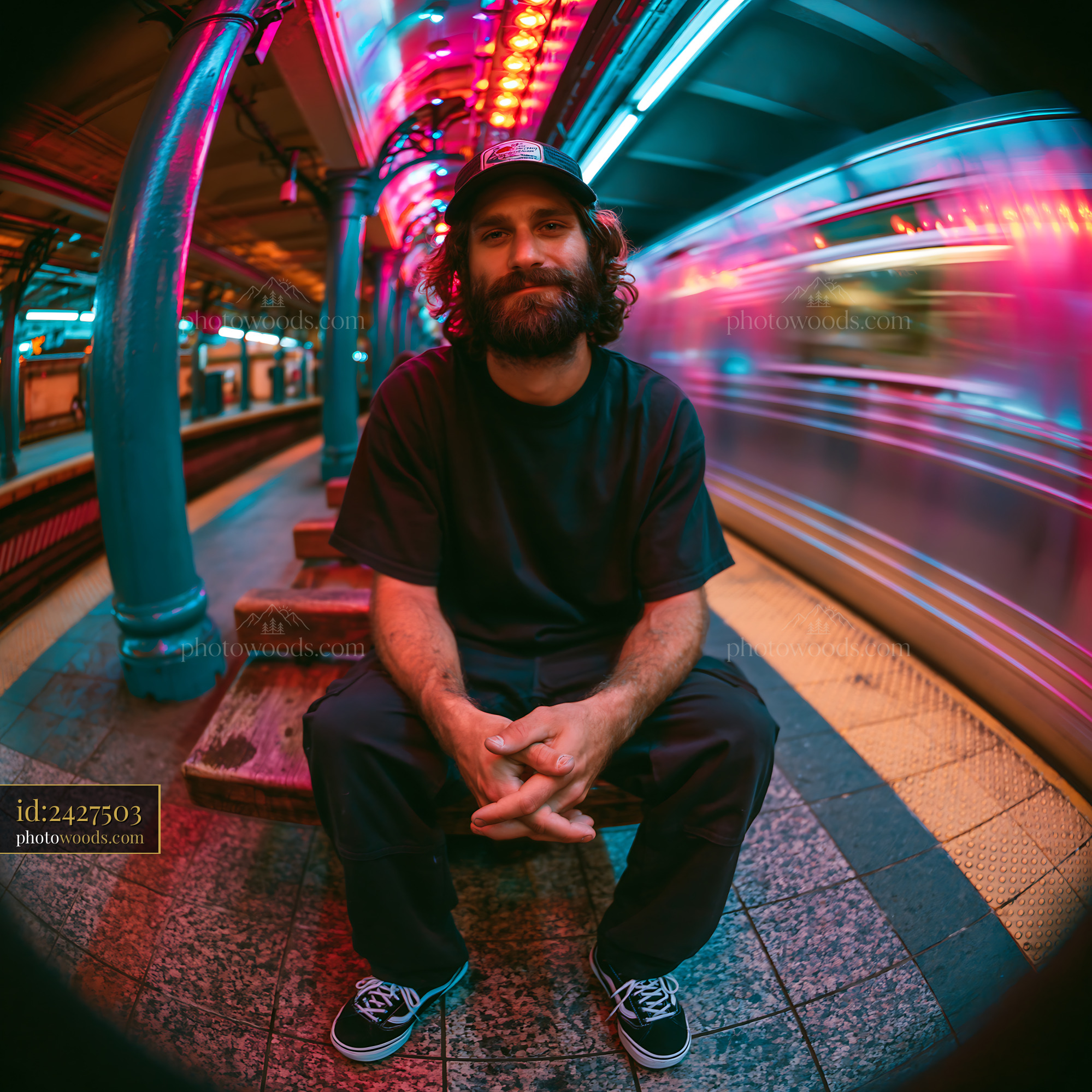 Skater Man Sitting in Subway Station With Colorful Lights
