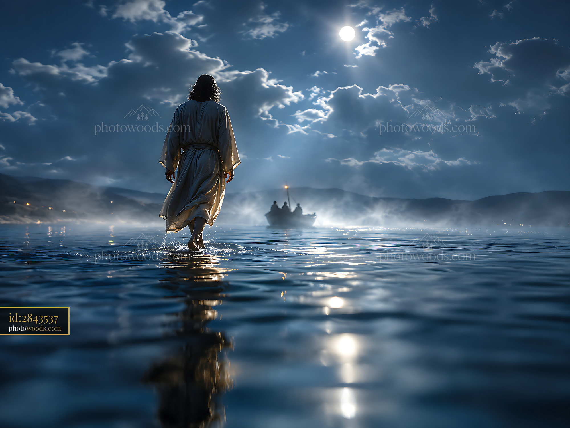 Jesus Walks on Water at Night With Boat in the Distance