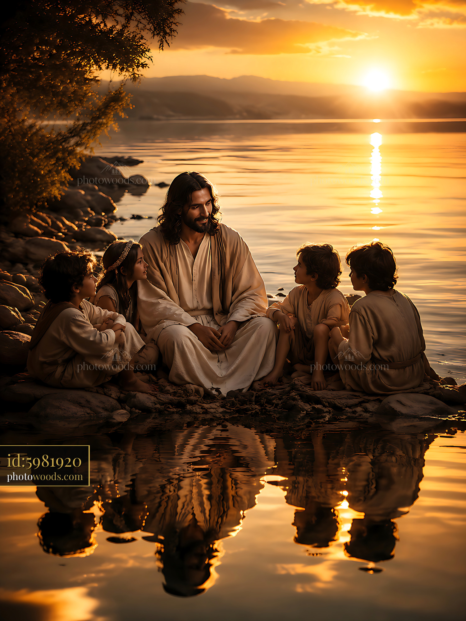 Jesus With Children by the Water During Sunset