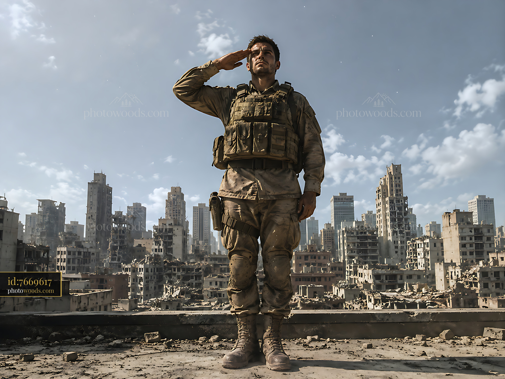Soldier Salutes in a War-Torn City With Skyscrapers Damaged