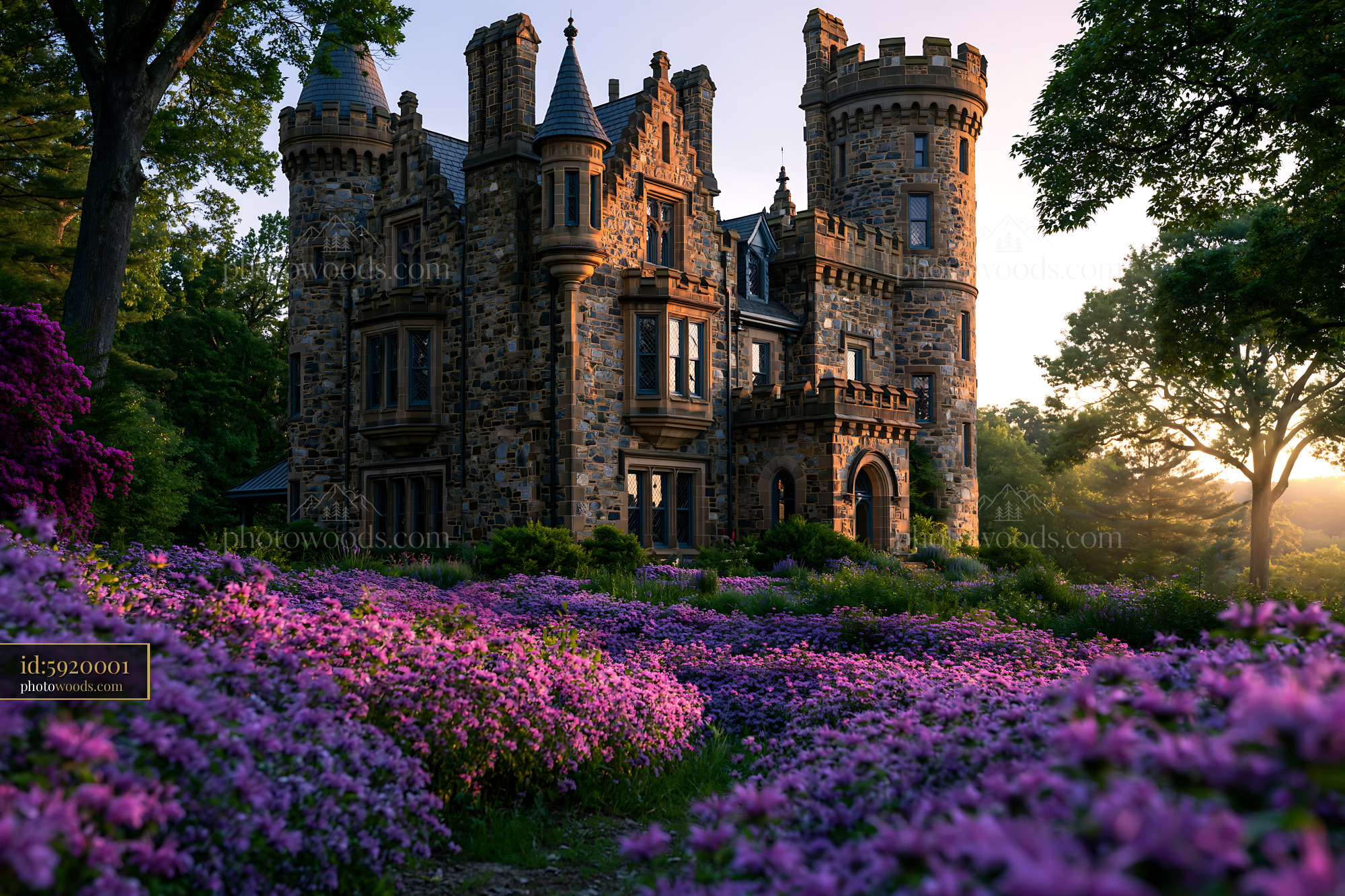 Castle Surrounded by Purple Flowers During Golden Hour