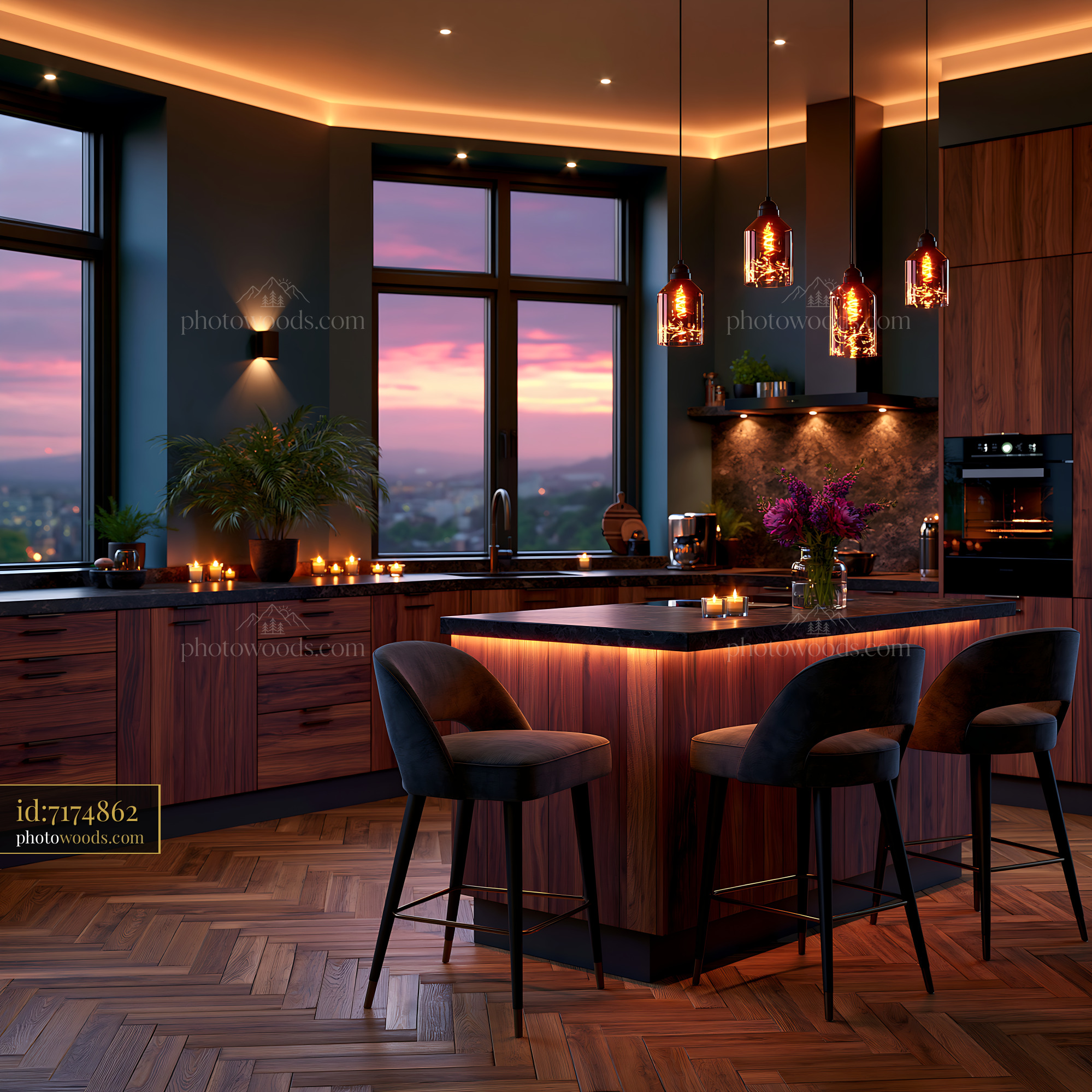Japandi Luxury Kitchen With Warm Wood and Stone at Sunset