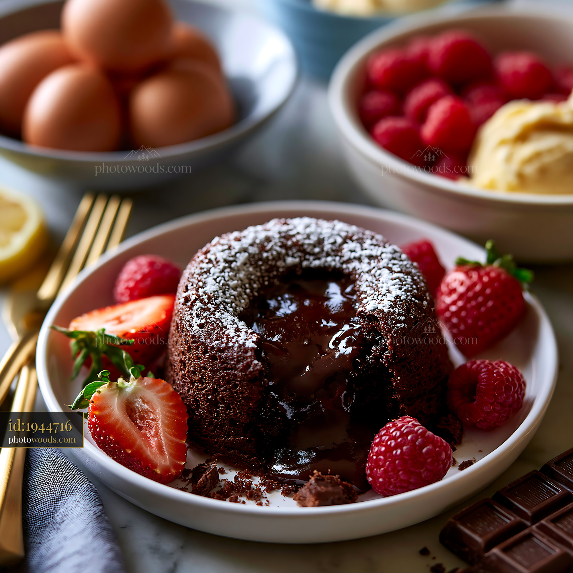Chocolate Lava Cake With Melted Center and Fresh Berries