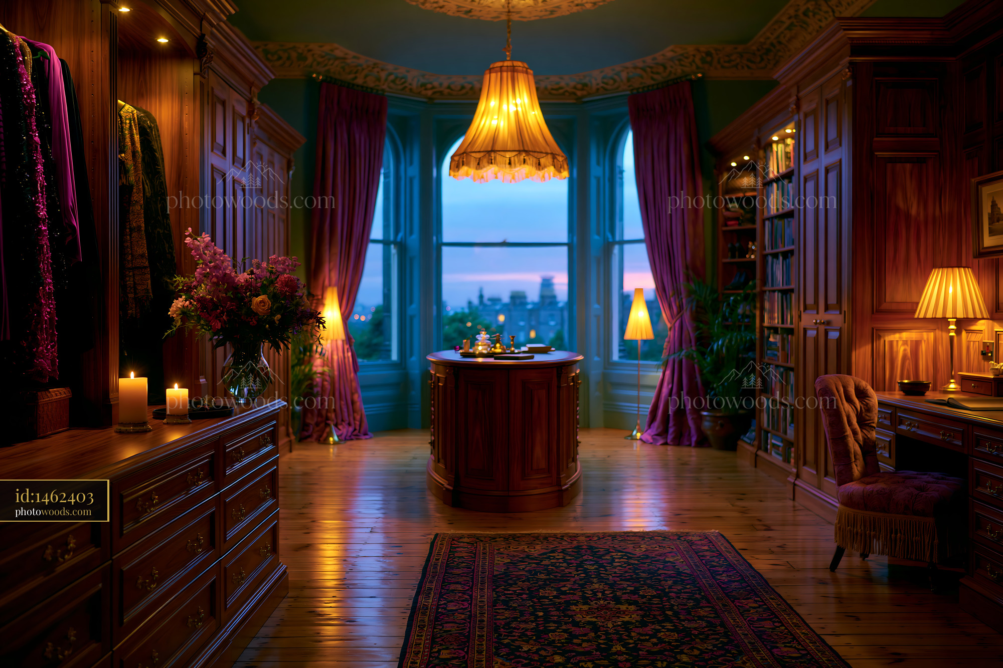 Elegant Dressing Room With Island and City View at Dusk