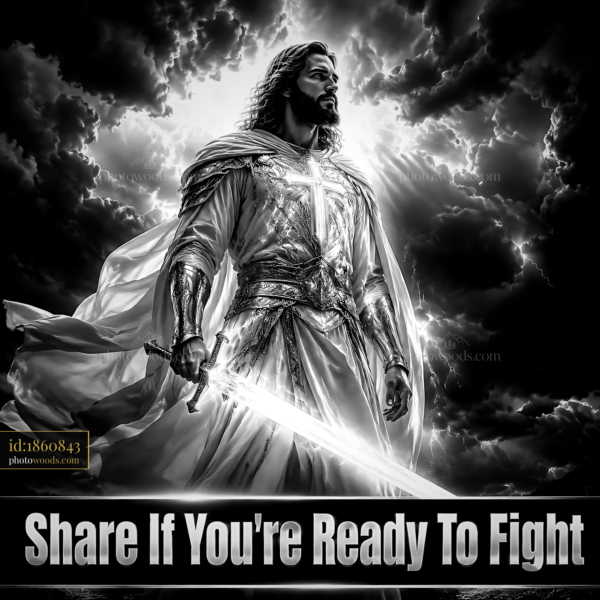 Jesus Stands Ready With Sword Against Dark Stormy Sky