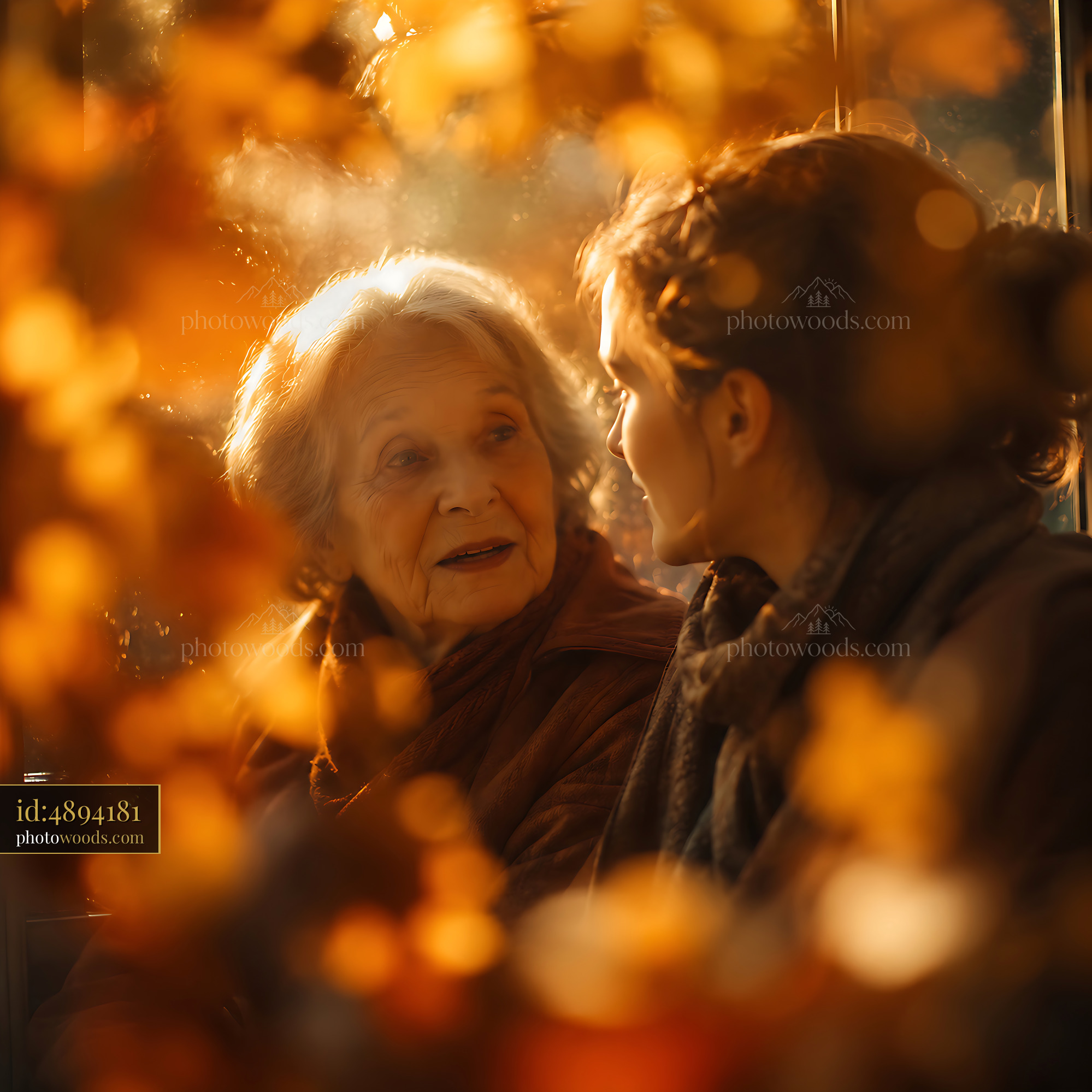 Two Women Talking Inside a Warm Room Surrounded by Autumn Leaves