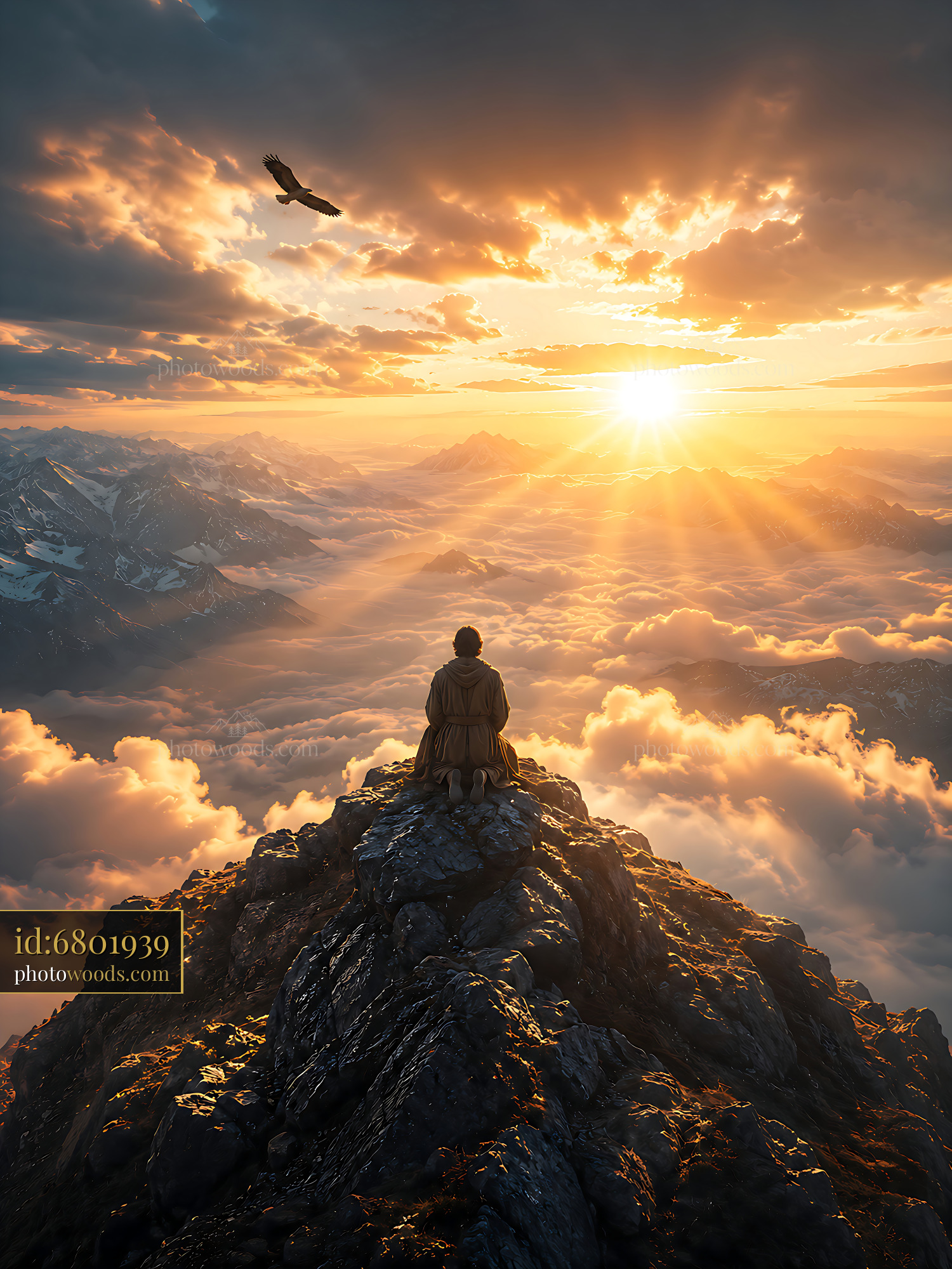 Mountain Summit Offers View of Sunset and Clouds With Lone Figure
