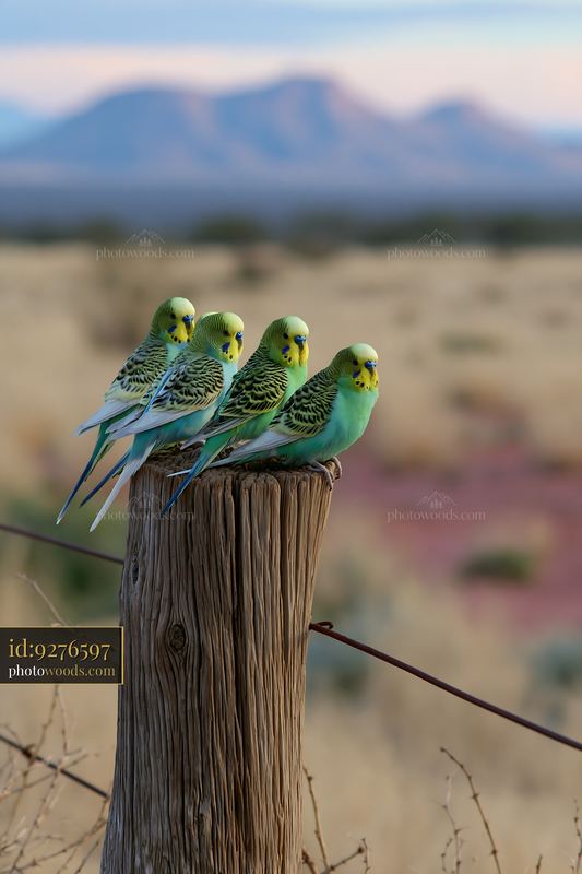 Four budgerigars perched on a wooden post in a desert landscape