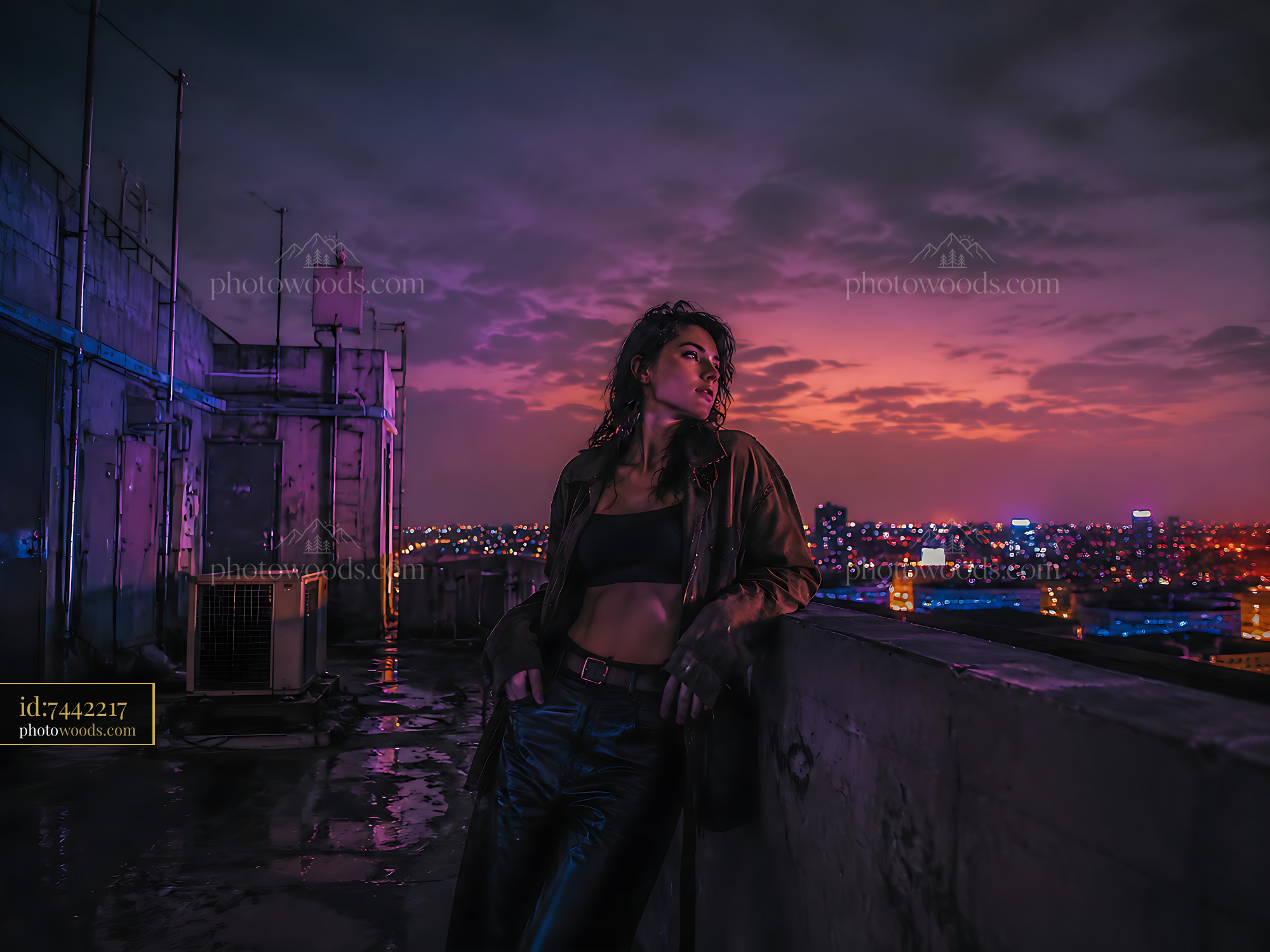 Woman Leaning on Rooftop Wall During Sunset With City View