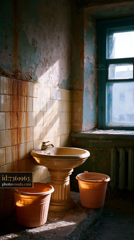 Shabby Bathroom With Plastic Basin and Buckets in Urban Setting