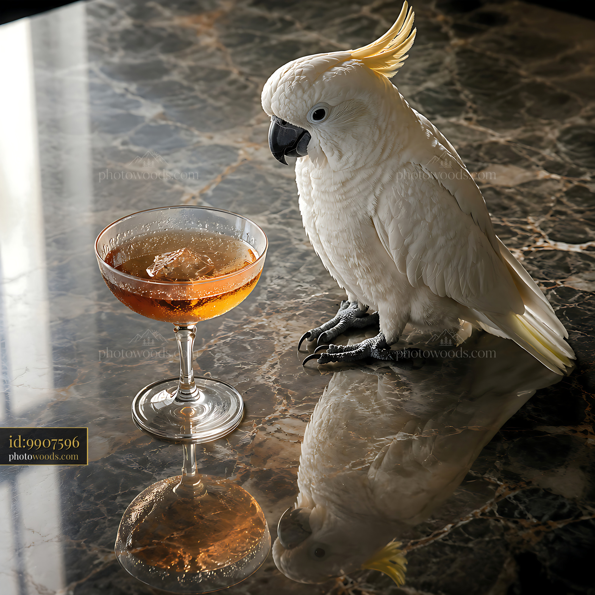 Cockatoo Sits Next to a Glass of Cocktail on a Marble Table