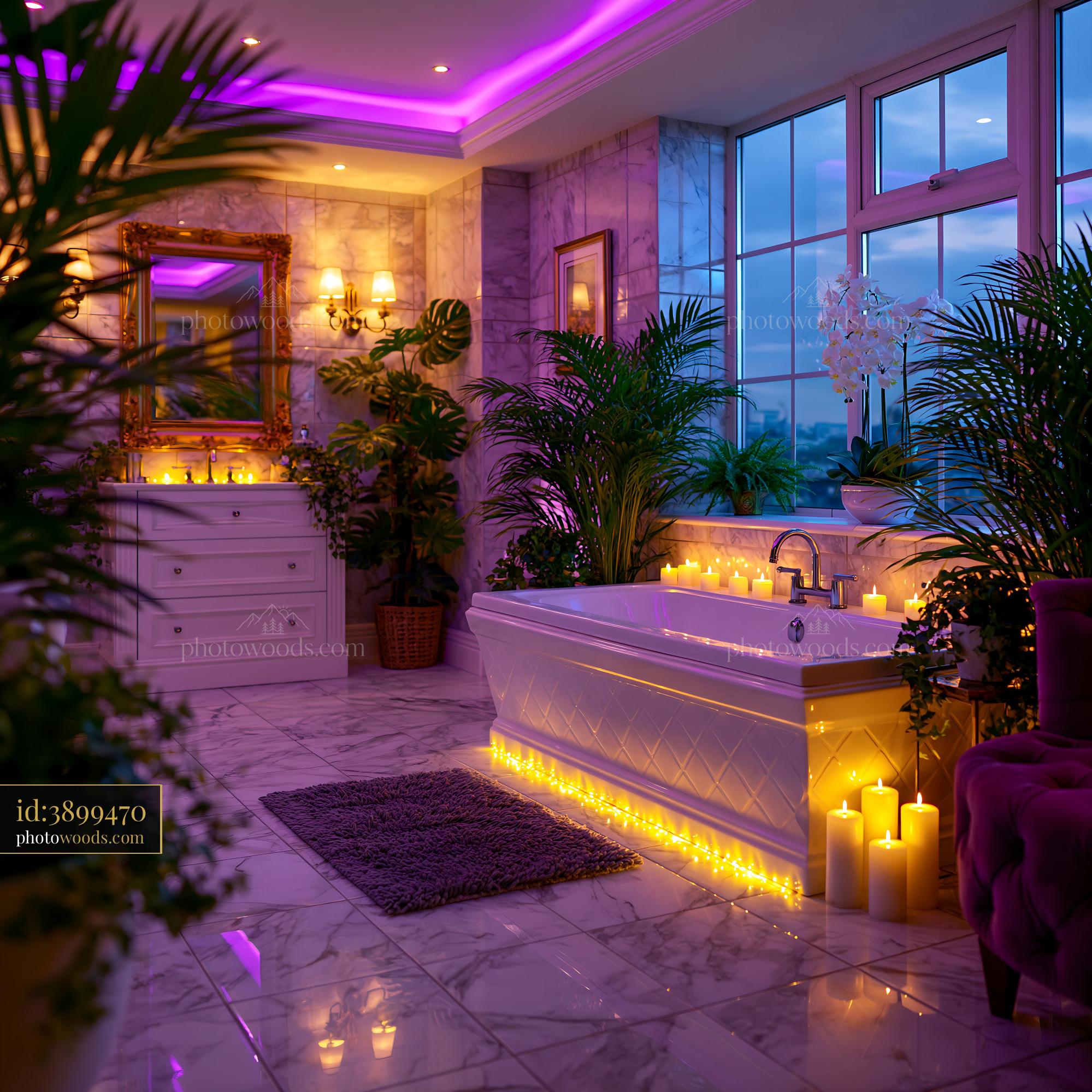 Spa Like Marble Master Bathroom With Plants and Candle Lights