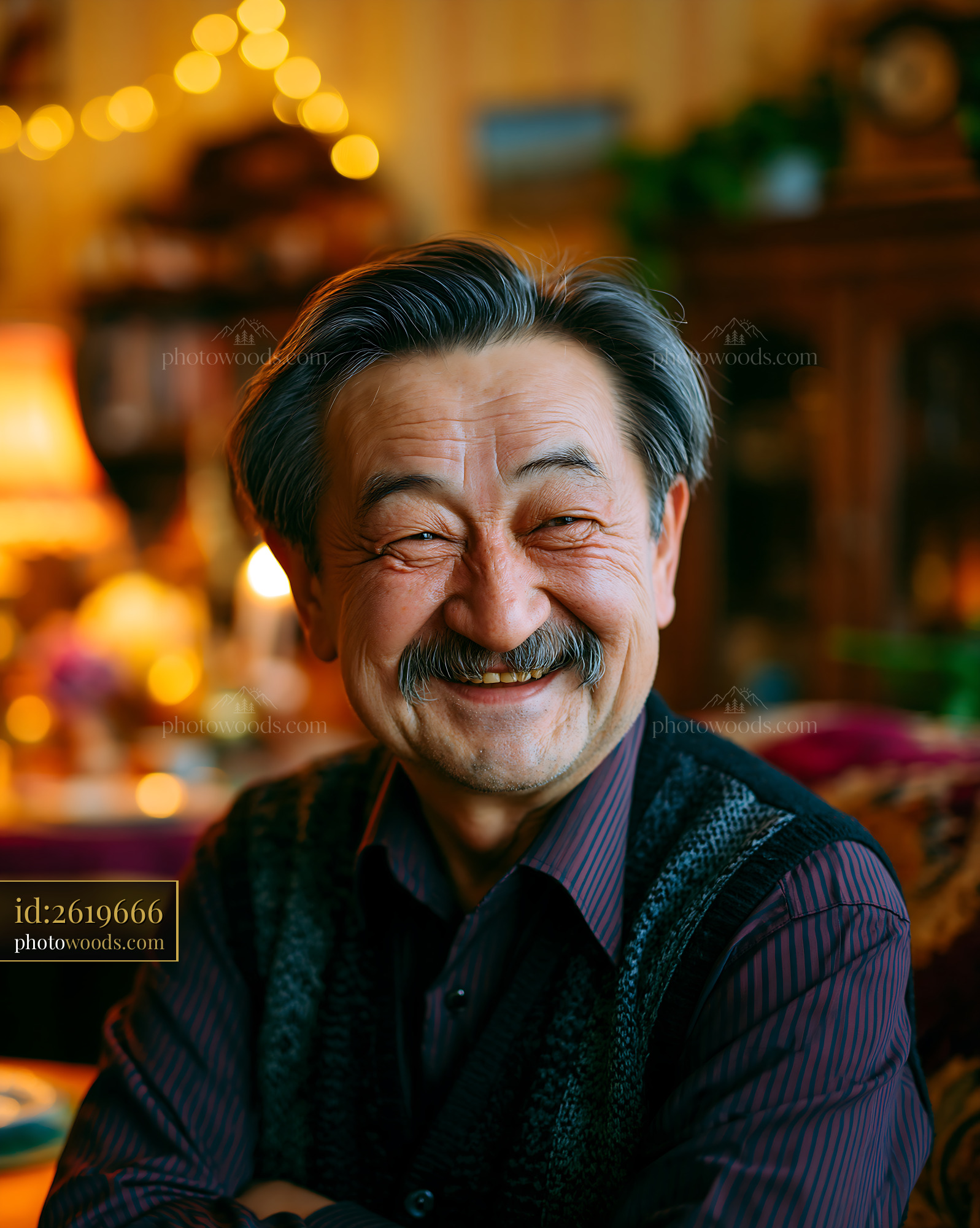 Smiling Man With Gray Hair Wearing a Vest Sitting Indoors