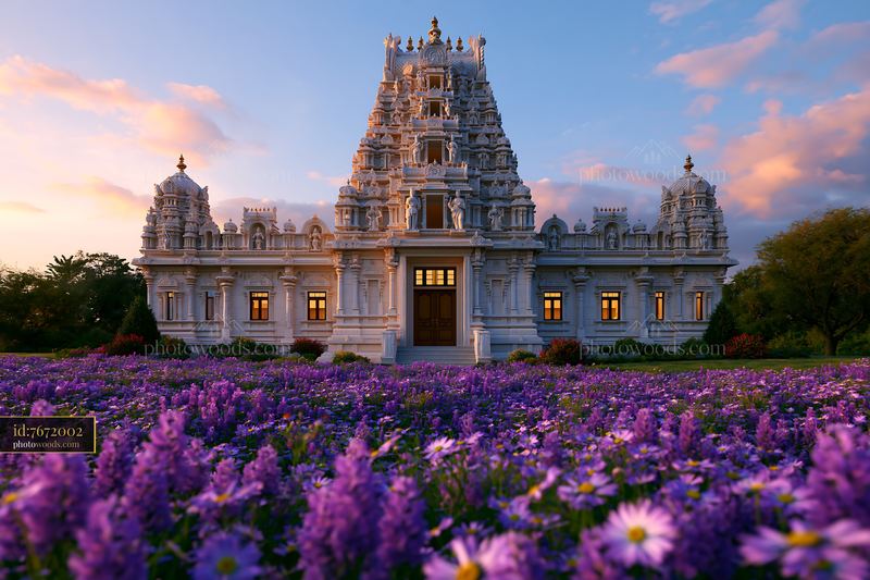 Temple surrounded by colorful flowers at sunset