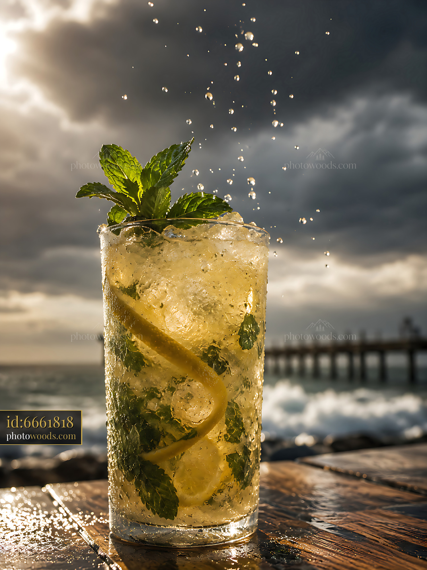Mojito Cocktail With Mint Leaves Splashing at the Beach Pier
