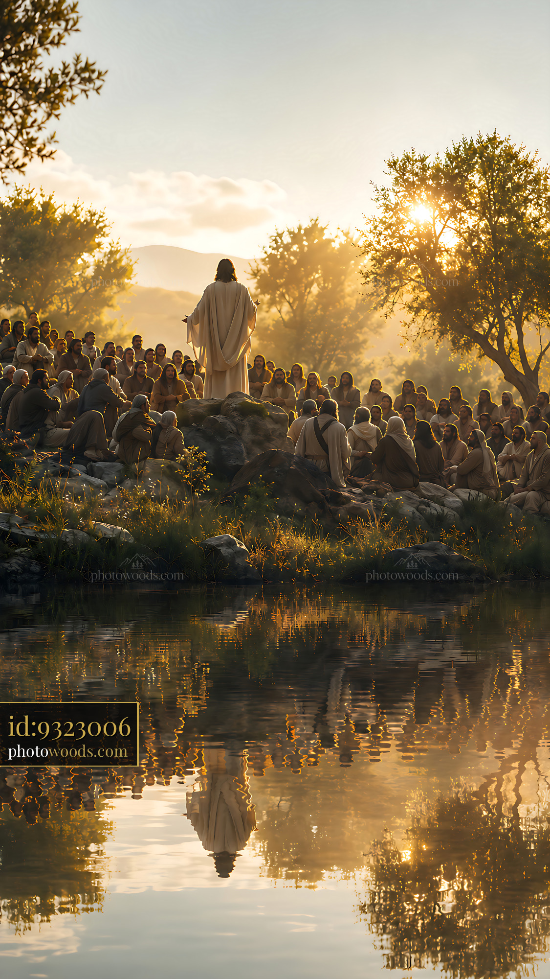 Jesus Speaks to a Large Crowd by the Water During Sunset