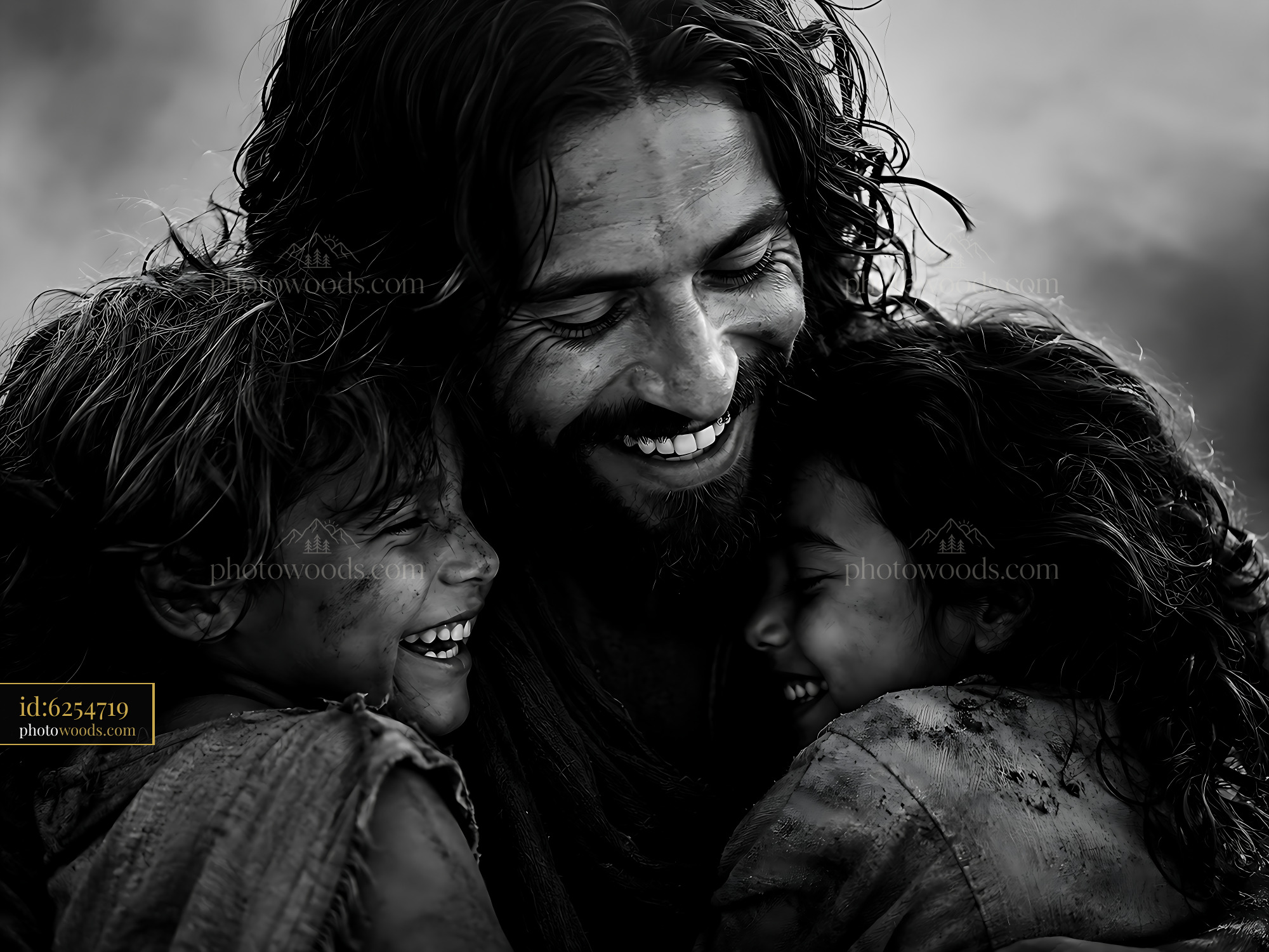 Man Embracing Children With Smiles in Black and White