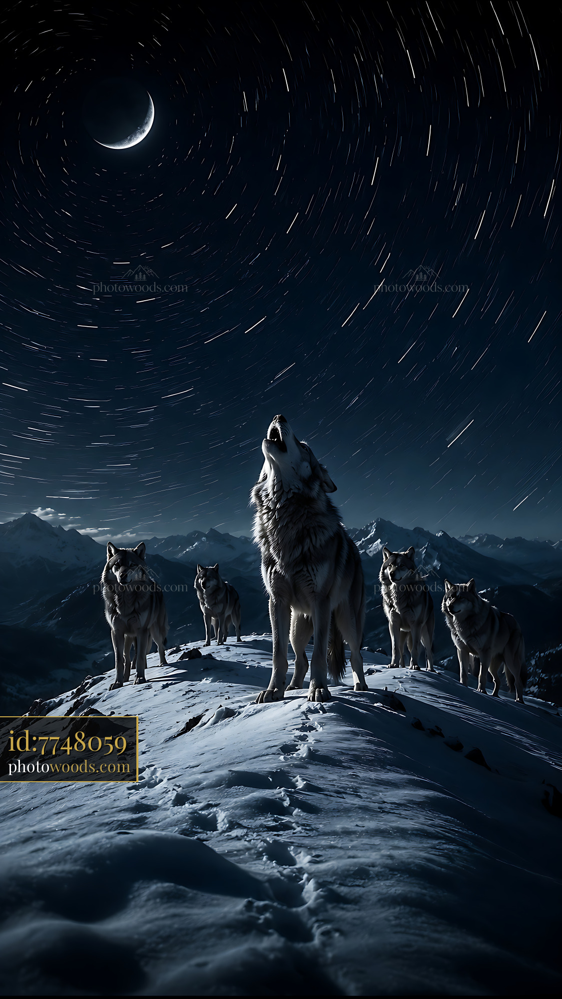 Wolves Howl Under the Moonlight on a Snowy Mountain Peak