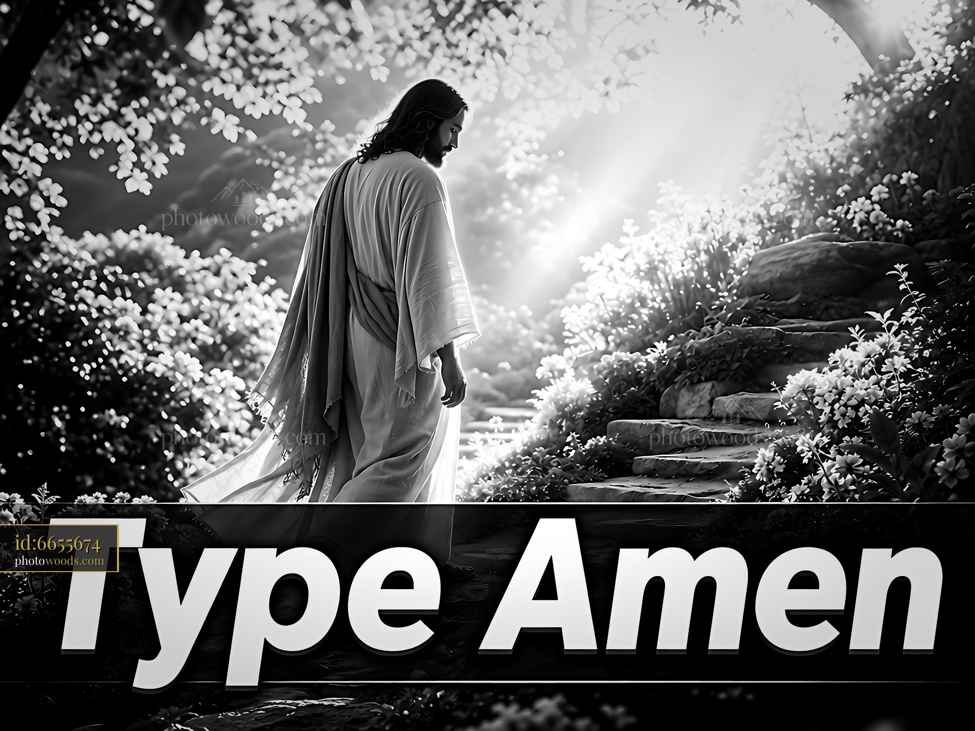 Jesus Walking Through a Garden Surrounded by Flowers and Trees