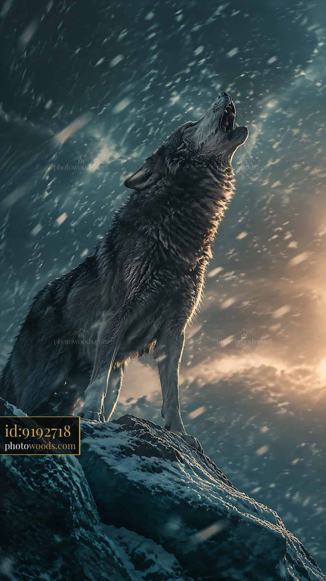Wolf Howls at the Moon in a Snowy Mountain Landscape During Night