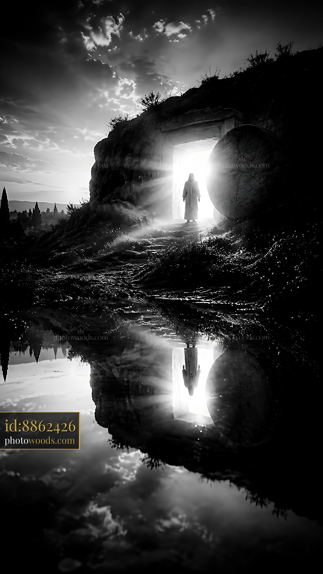 Figure Stands at the Entrance of a Cave With Sunlight Shining Through