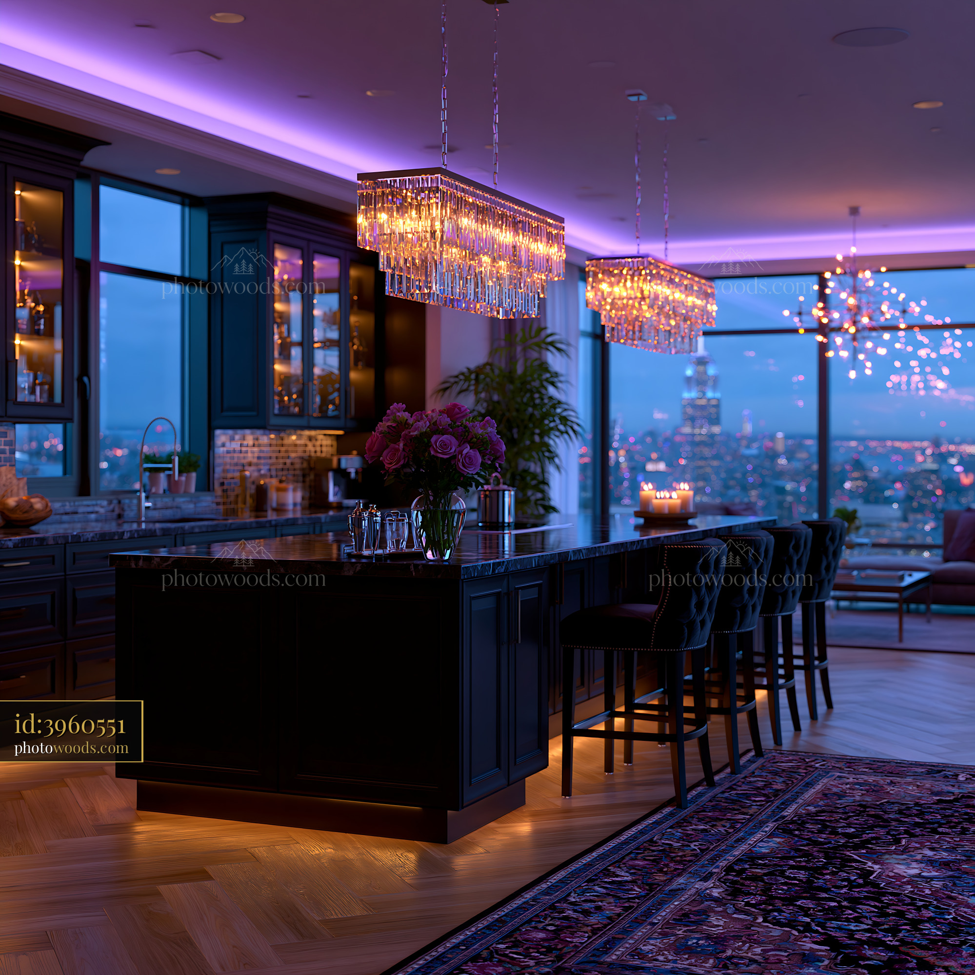 Open Kitchen With Skyline View at Dusk in Modern Penthouse