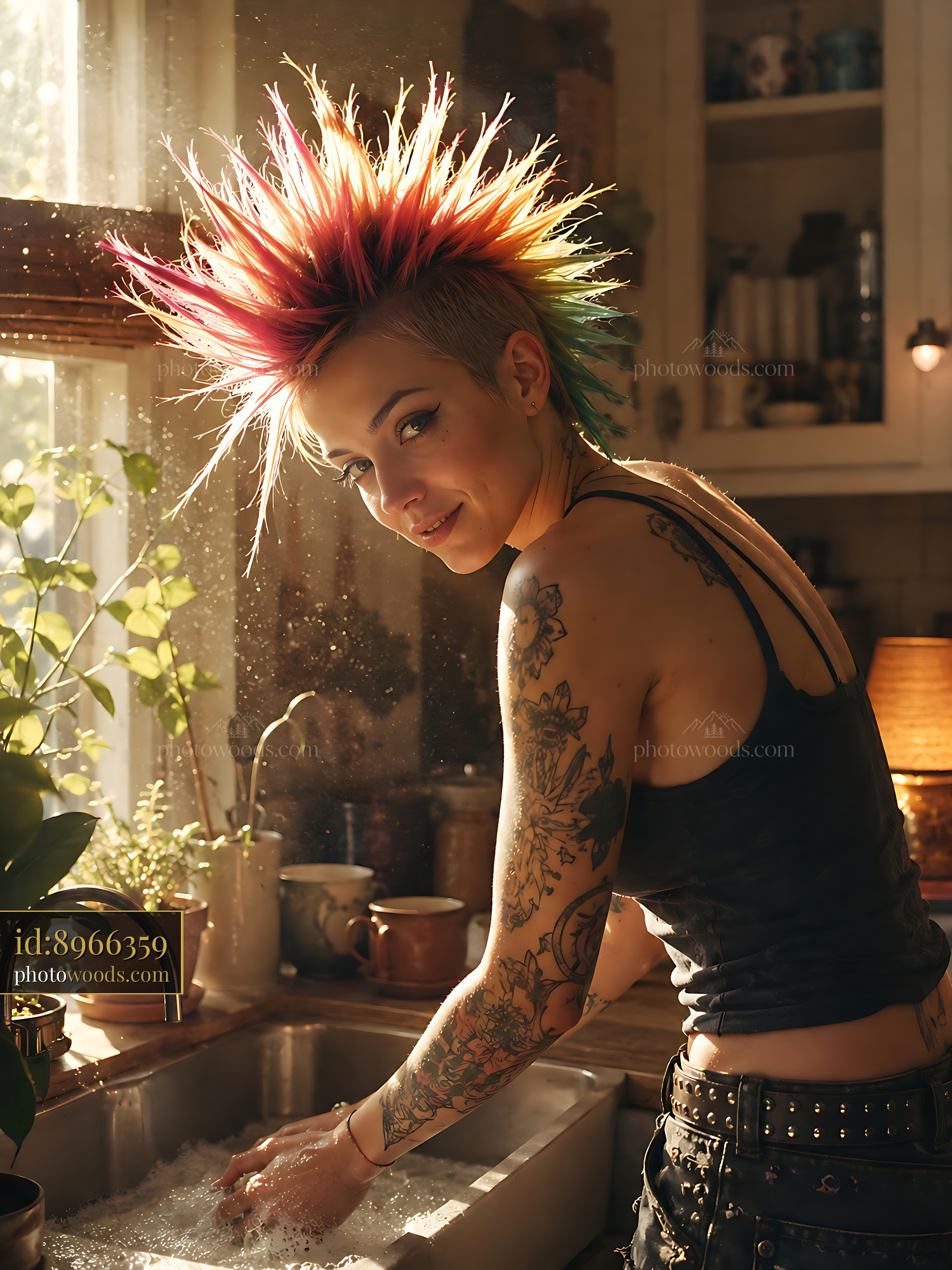 Young Woman With Colorful Hair Washing Dishes by the Window