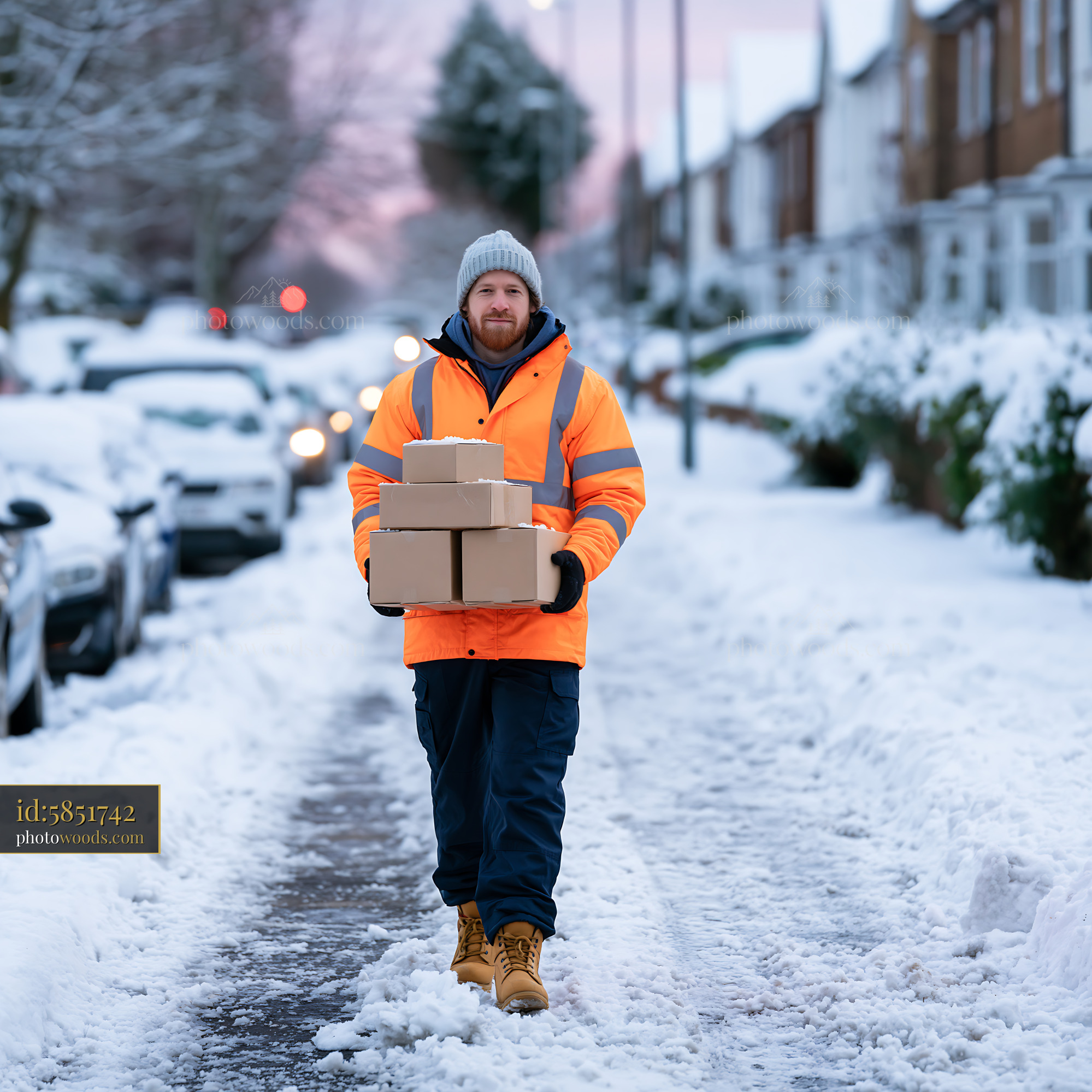 Heating Technician Delivering Parcels in Snowy Residential Area