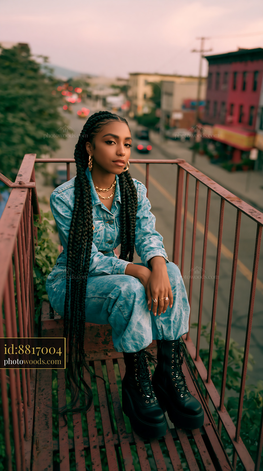 Model With Braided Hair Poses on a Balcony in Urban Setting