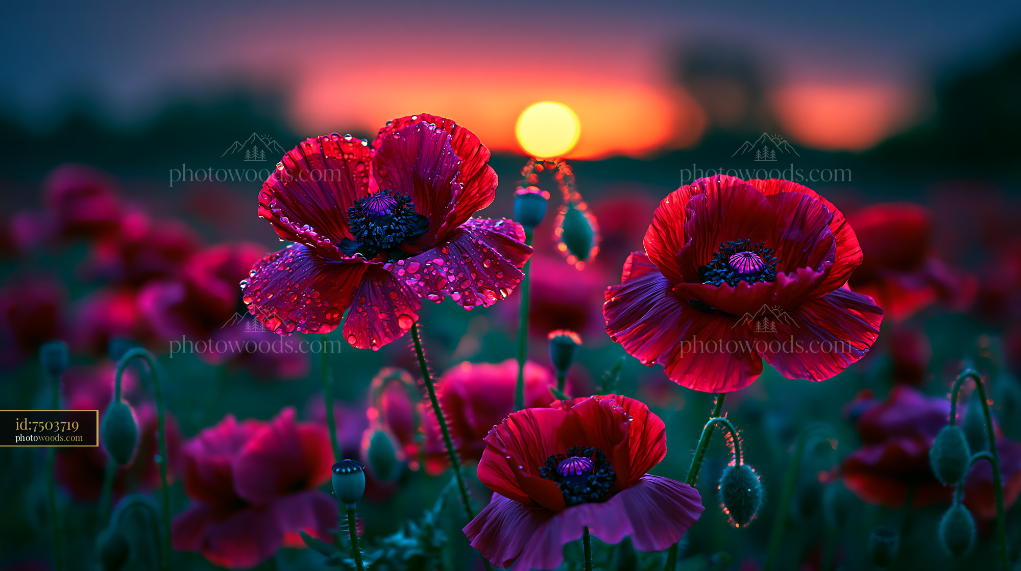 Poppies Bloom at Sunset With Dew on Petals and Warm Colors