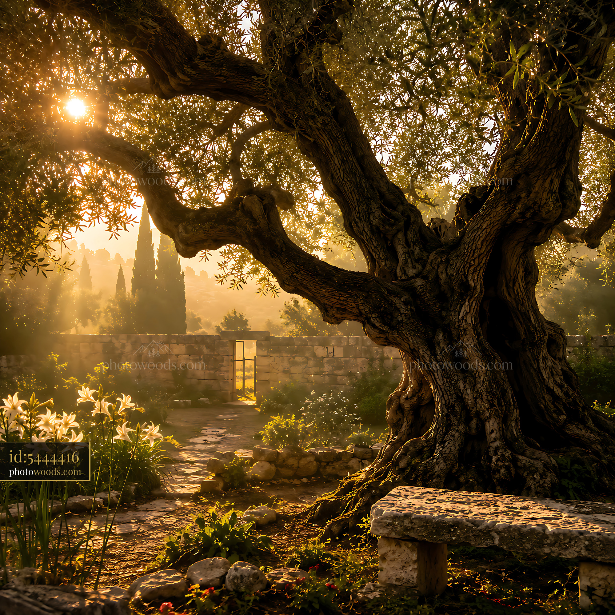 Olive Tree Stands Tall in Garden at Sunset With Flowers Nearby