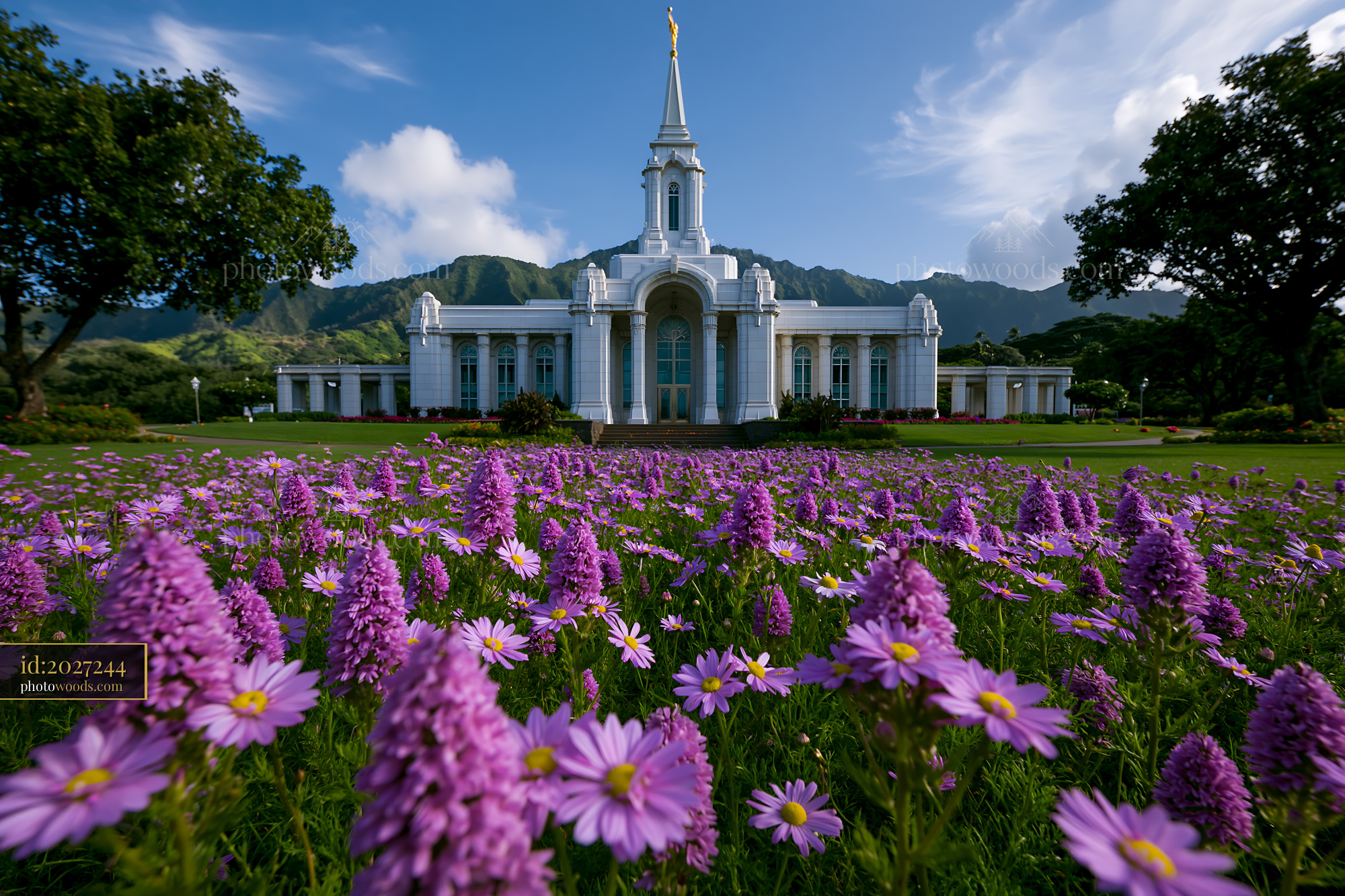Laie Hawaii Temple With Blooming Flowers in Foreground