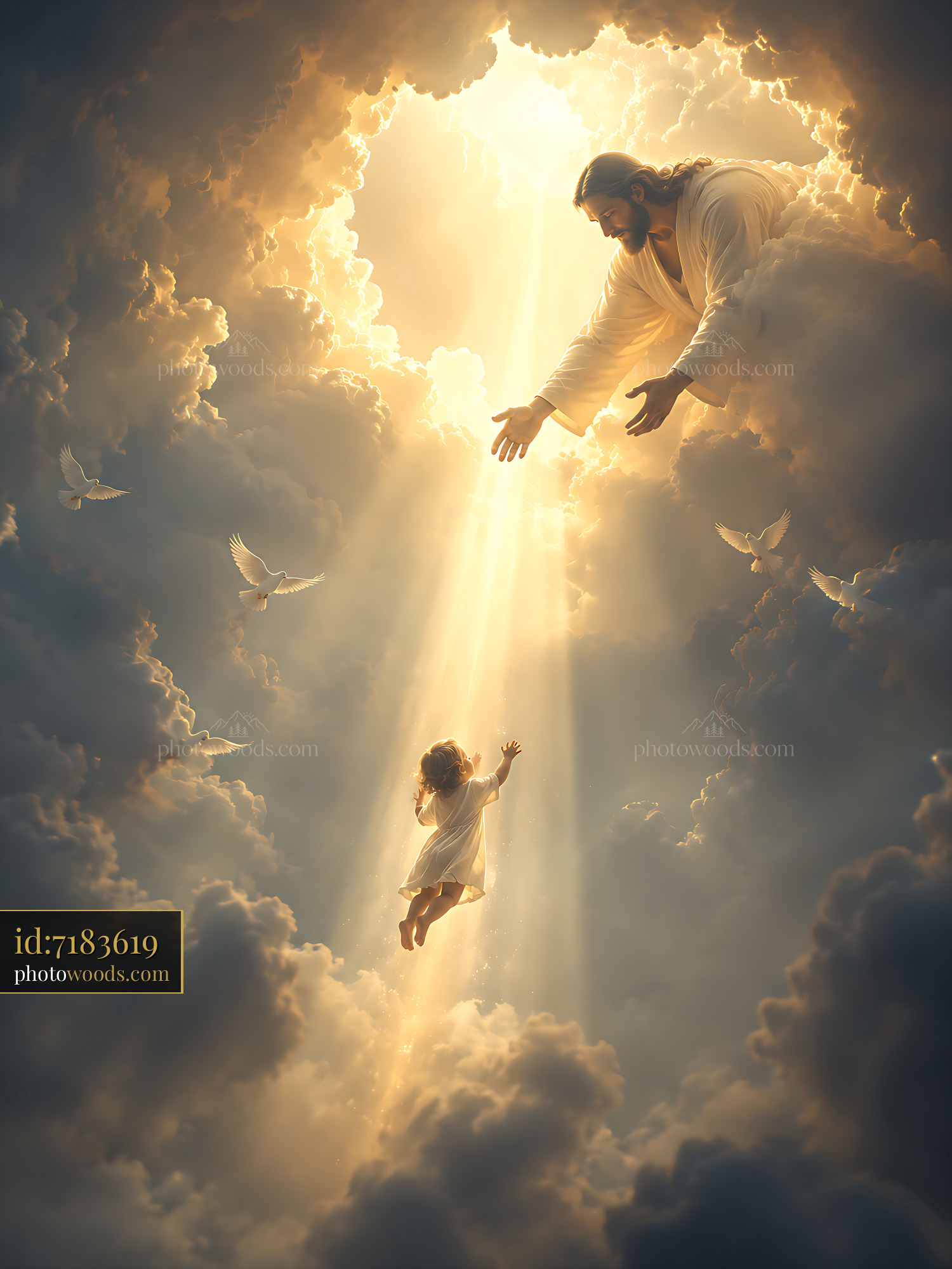 Man Reaches out to Child in Clouds With Light Shining Through