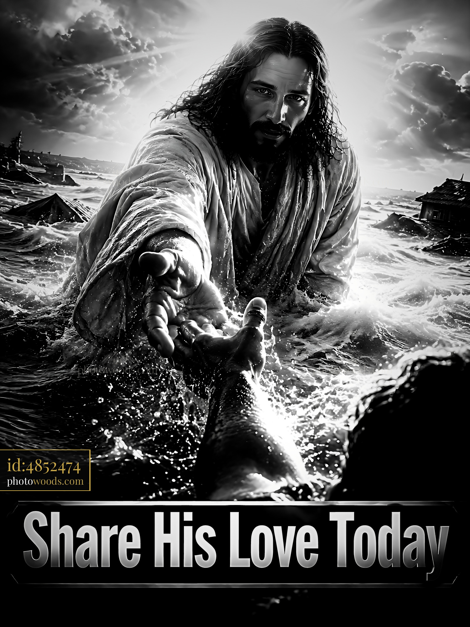 Jesus Reaching out in Stormy Waters to Help a Struggling Soul
