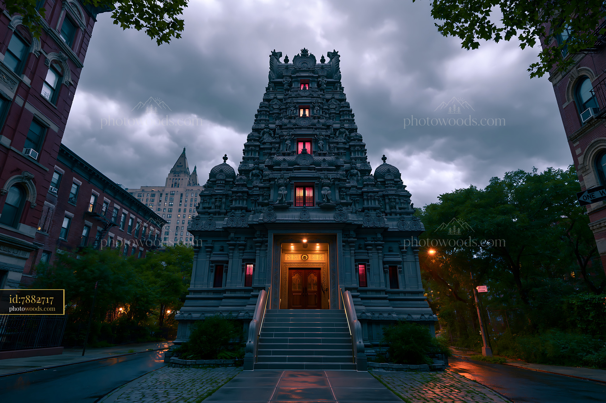 Hindu Temple With Intricate Architecture in City at Dusk